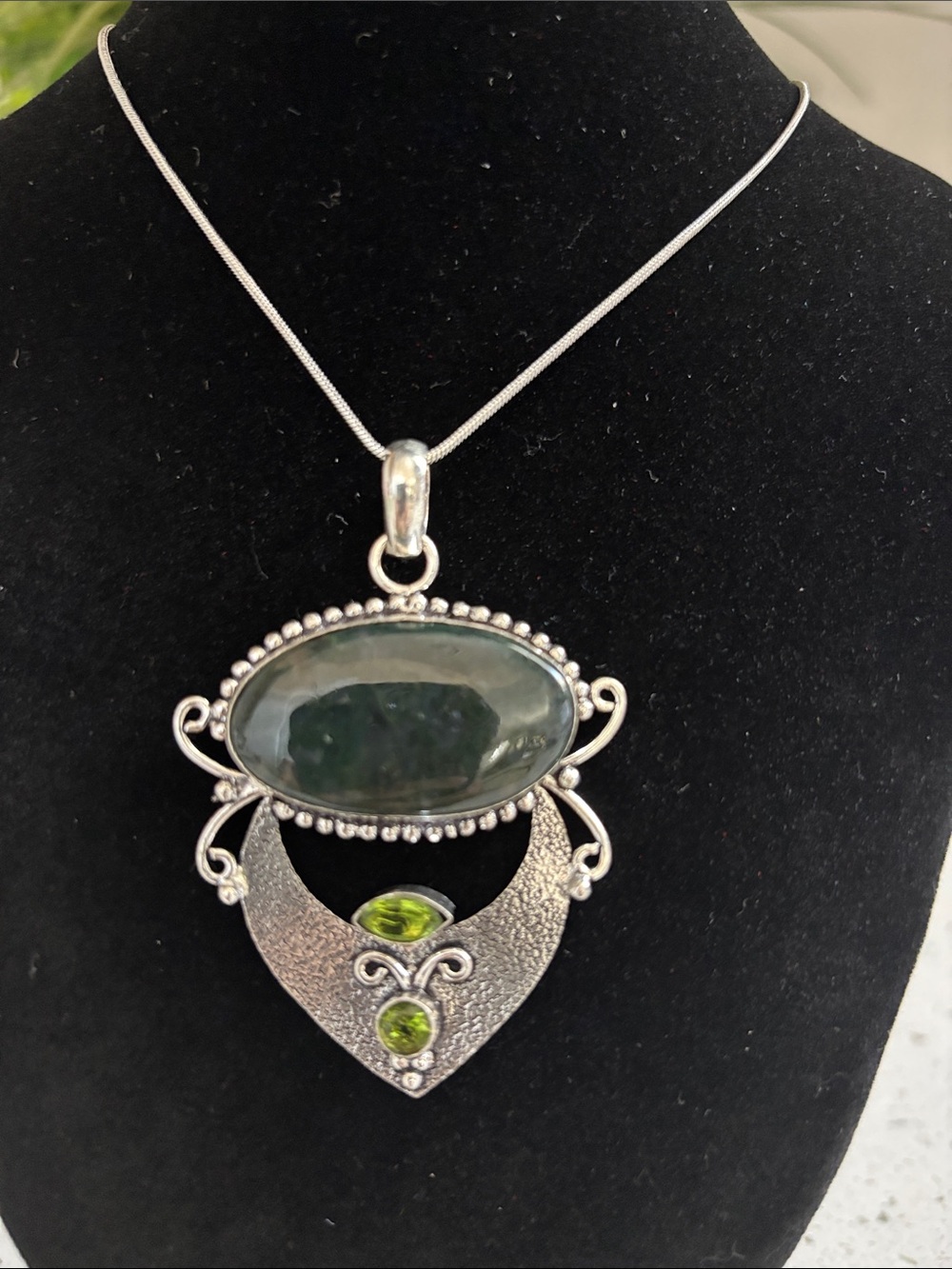 Sterling Silver Green Moss Agate & Peridot Gemstone Drop Pendant Necklace